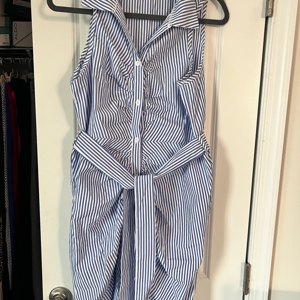 Striped Blue and White Sleeveless Shirt Dress with Tie Waist